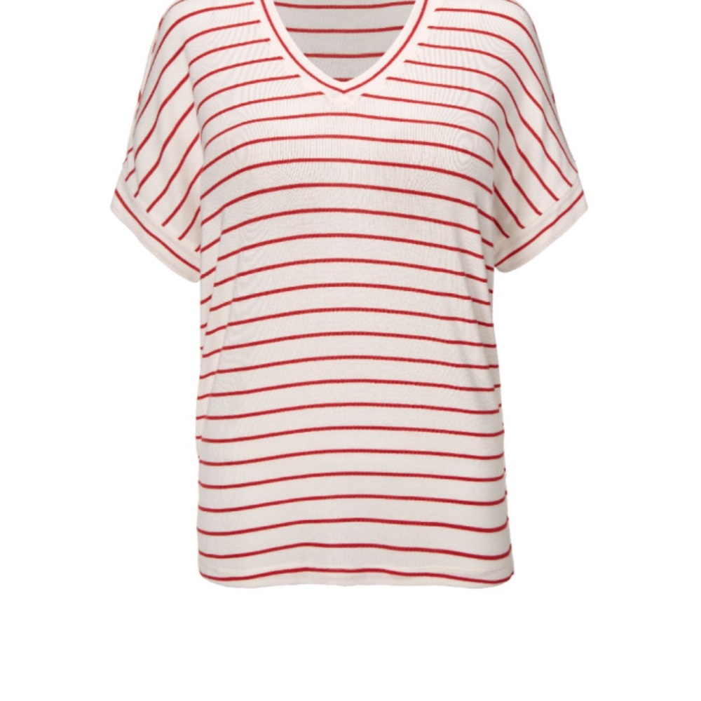 Cabi Red Striped V-Neck Cookout Tee #640 - Picture 4 of 11